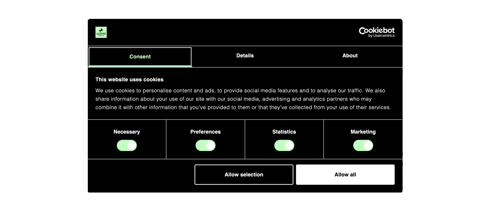 Cookiebot image showing consent options for cookies