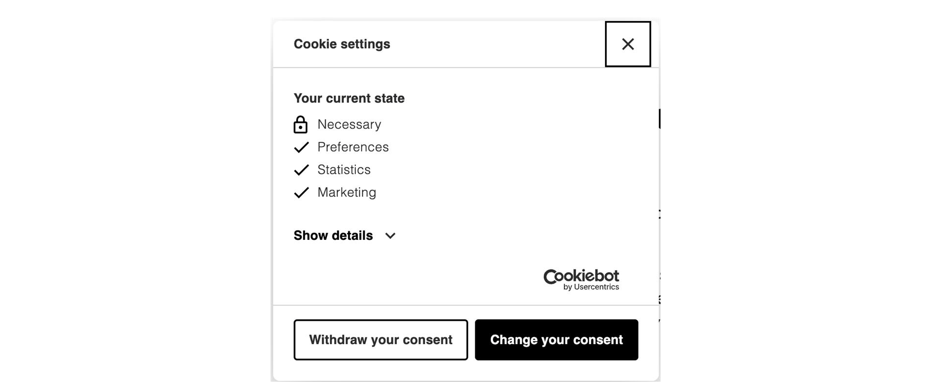 Screenshot of how to change your cookie prefrences
