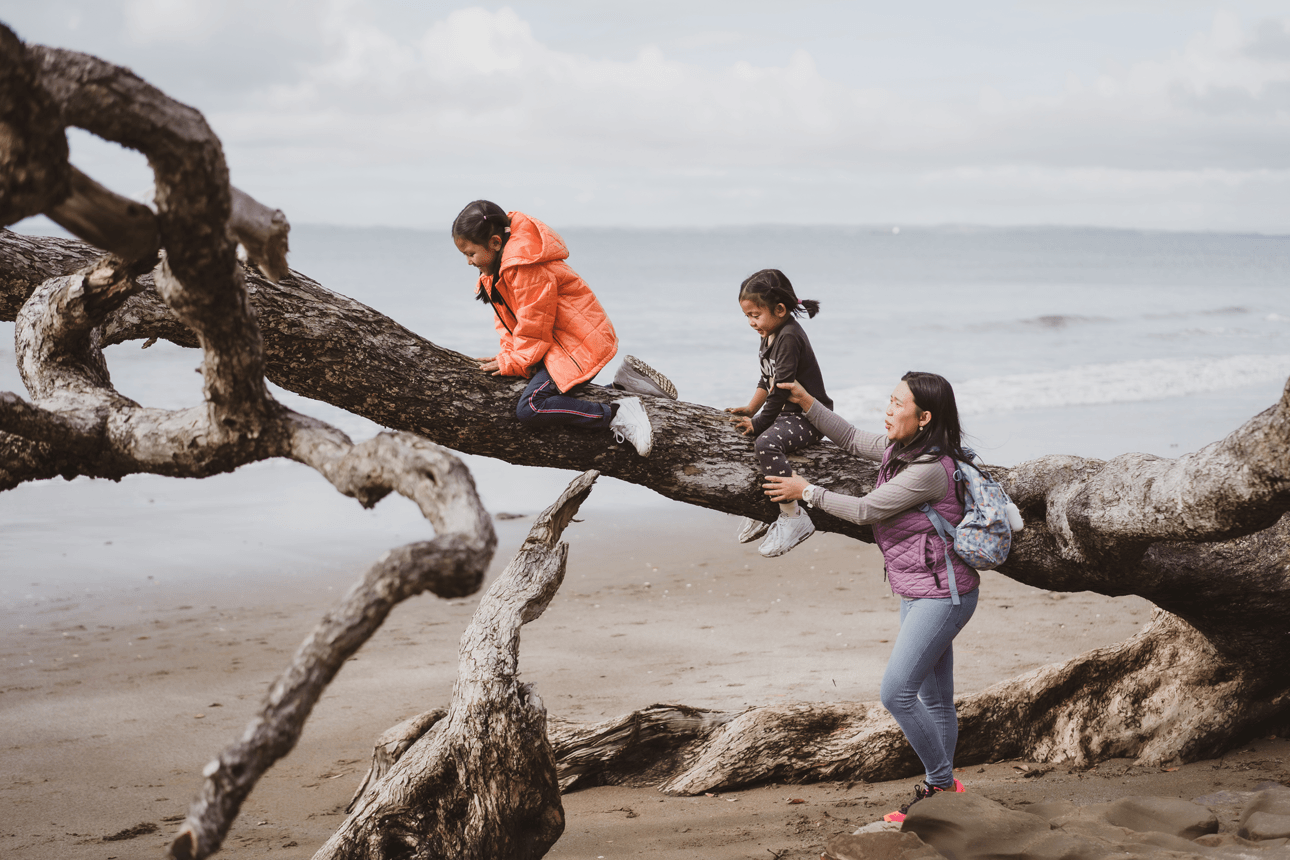 Two children climbing a tree at the beach with their mum